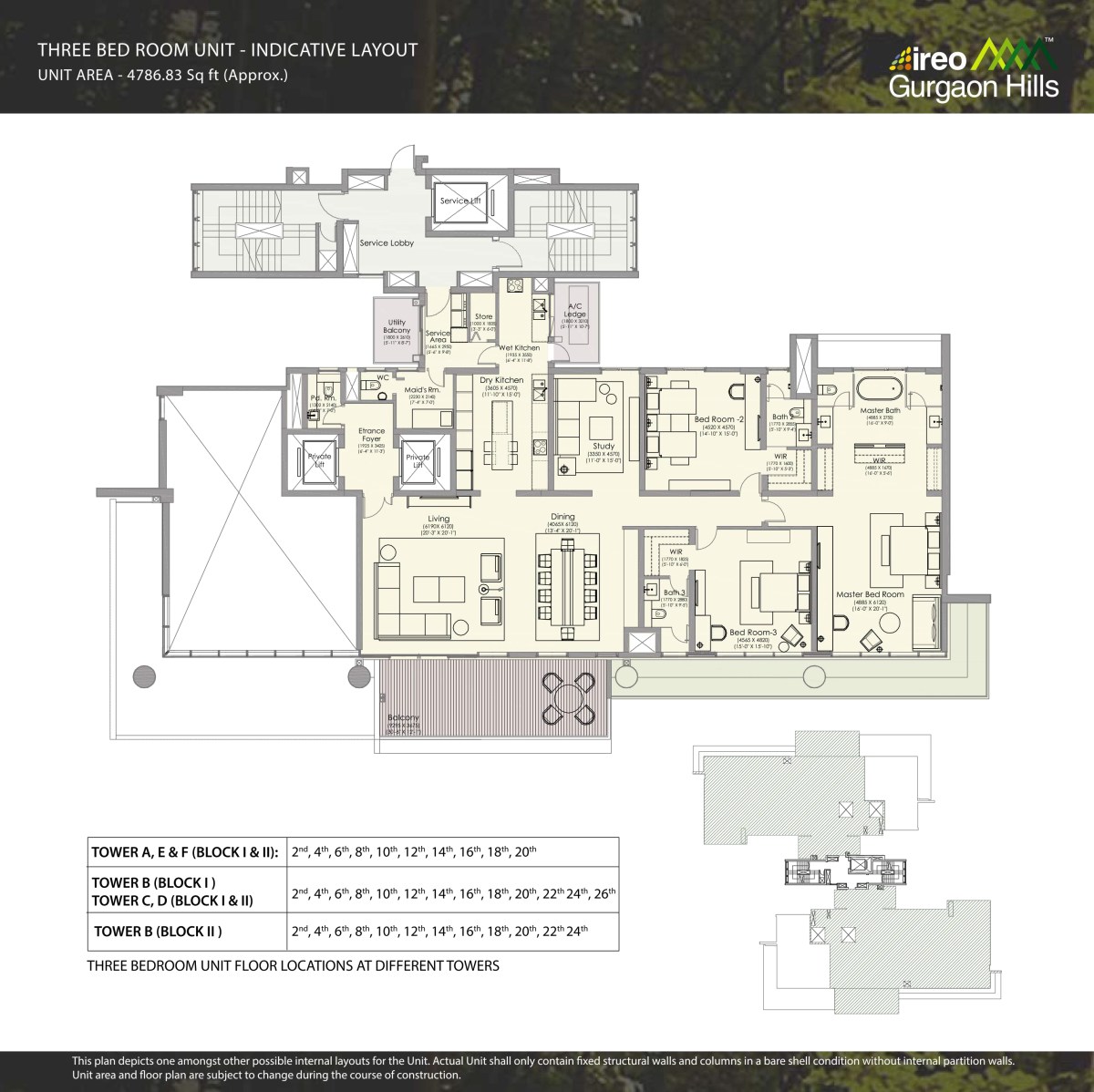 Ireo Gurgaon Hills Floor Plan - 3 Bedroom Unit Indicative Layout
